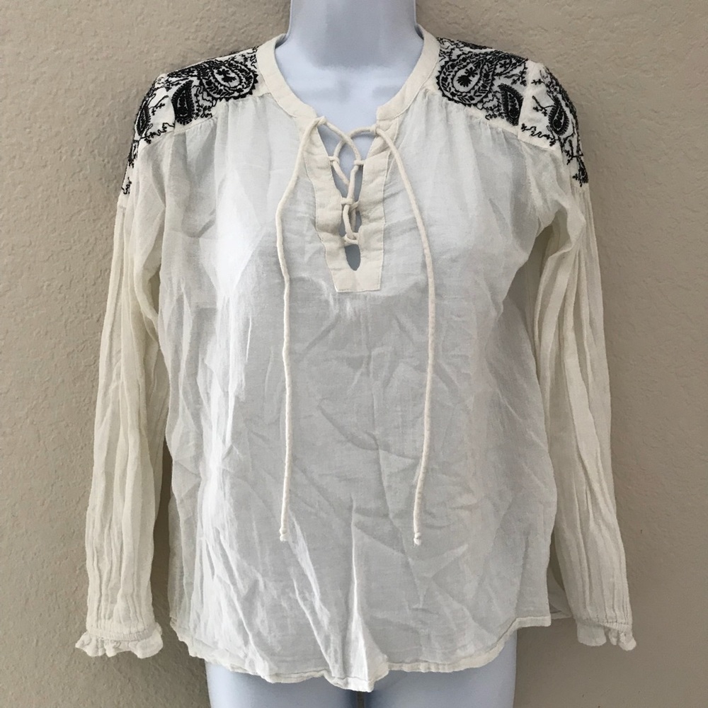 Zara lace-up Embroidered Top black Cream size XS